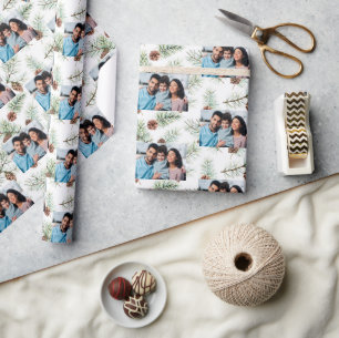 Christmas family photo white cone pine wrapping paper