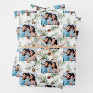 Christmas family photo white cone pine wrapping paper sheet