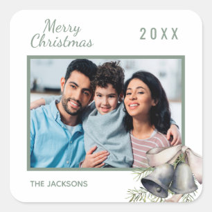 Christmas family photo white green bells square sticker