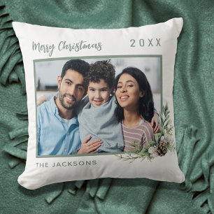 Christmas family photo white green cone pine name cushion