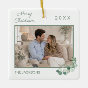 Christmas family photo white greenery sage green ceramic ornament