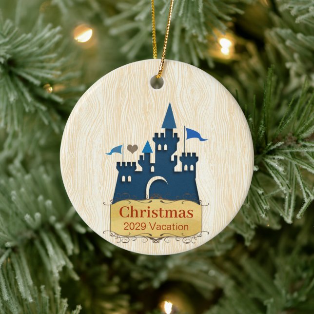 Christmas Family Photo with Castle on back Ceramic Tree Decoration (Tree)