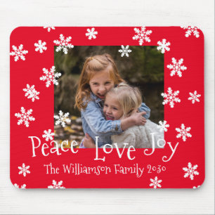 Christmas Family Photo Year White Snowflake Red Mouse Mat