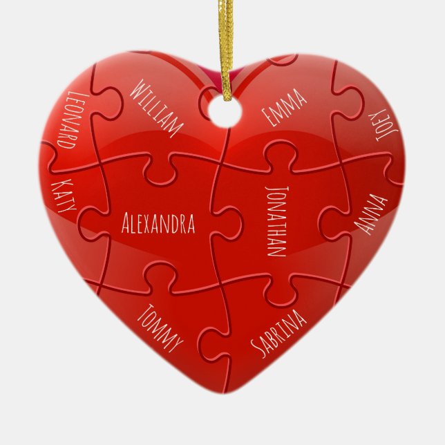 Christmas Family Puzzle Heart with Names Ceramic Tree Decoration (Front)
