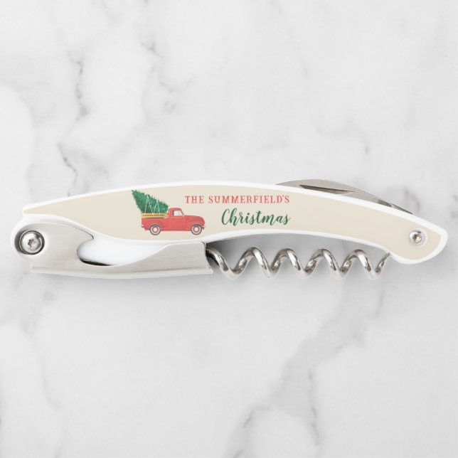 Christmas Family Red Truck Tree Holidays Keepsake Corkscrew (Front)