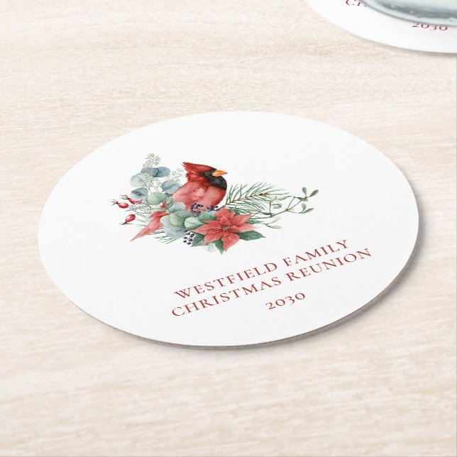 Christmas Family Reunion Red Cardinal Round Paper Coaster (Angled)