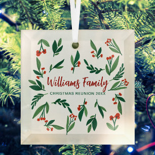 Christmas Family Reunion Red Green Holly Berry Glass Tree Decoration