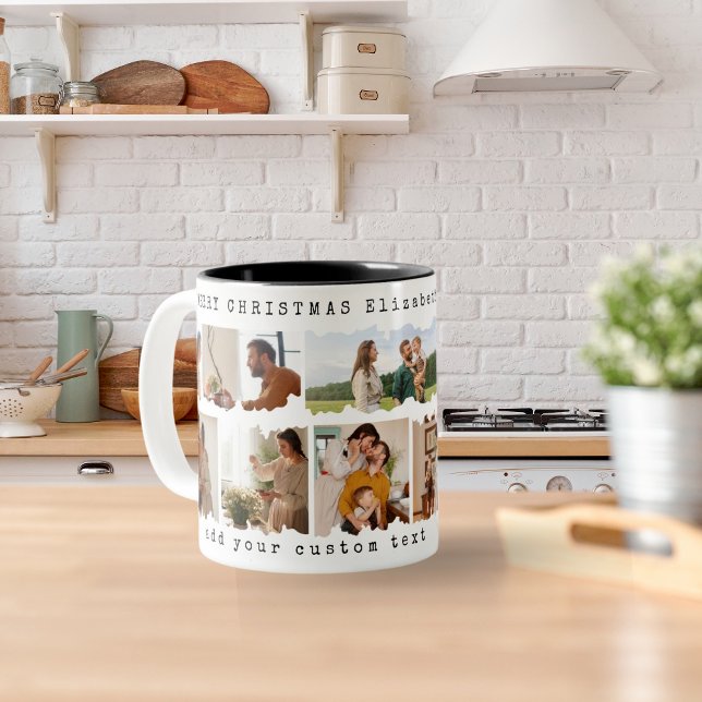 Christmas Family Seven Photo Collage Custom Gift Two-Tone Coffee Mug (Creator Uploaded)