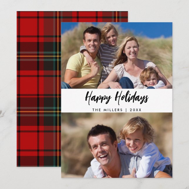 Christmas Family Two Photo Plaid Holiday Card (Front/Back)