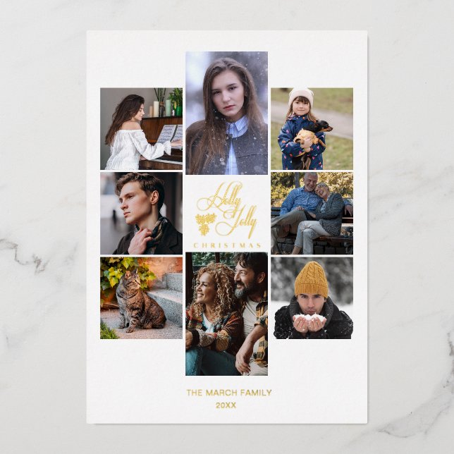 Christmas Fancy Modern Chic Collage 8 Photos Foil Holiday Card (Front)