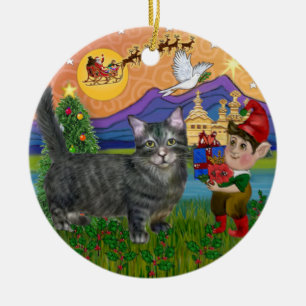 Christmas Fantasy - Tabby Munchkin Cat Ceramic Tree Decoration