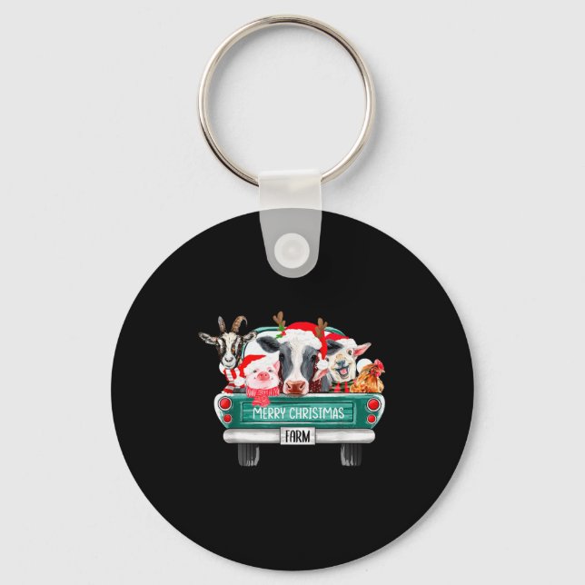 Christmas Farm Animals Truck Santa Hat Family Paja Key Ring (Front)