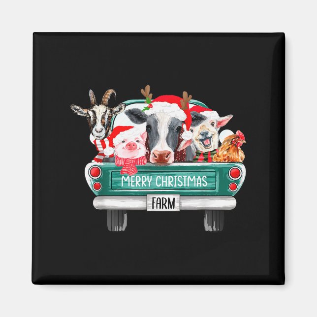 Christmas Farm Animals Truck Santa Hat Family Paja Magnet (Front)