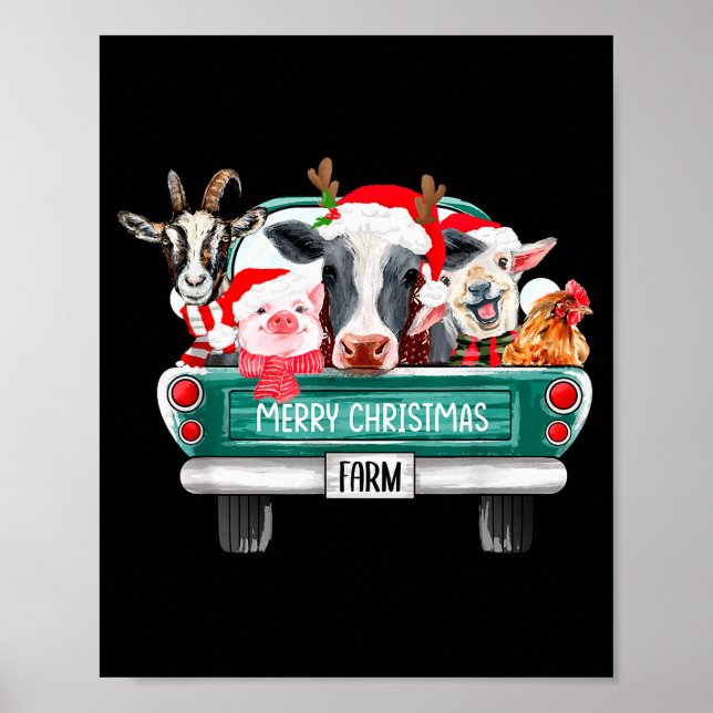 Christmas Farm Animals Truck Santa Hat Family Paja Poster (Front)