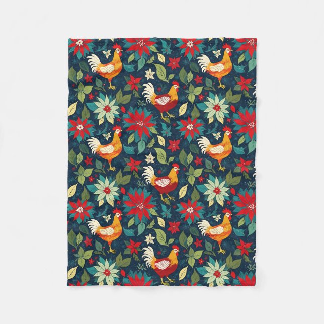 Christmas Farm Chickens And Poinsettias Fleece Blanket (Front)