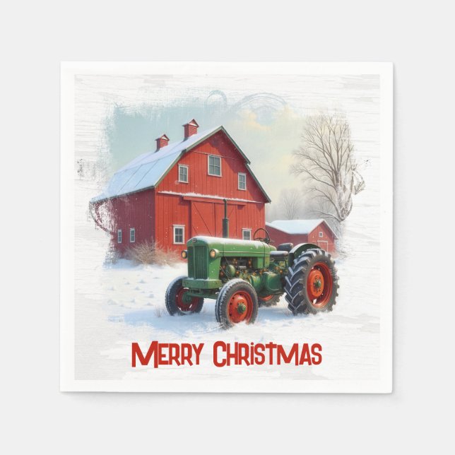 Christmas Farm Tractor and Red Barn Napkin (Front)