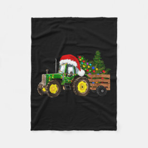 Christmas Farm Tractor Tree Lights Santa Hat Xmas  Fleece Blanket