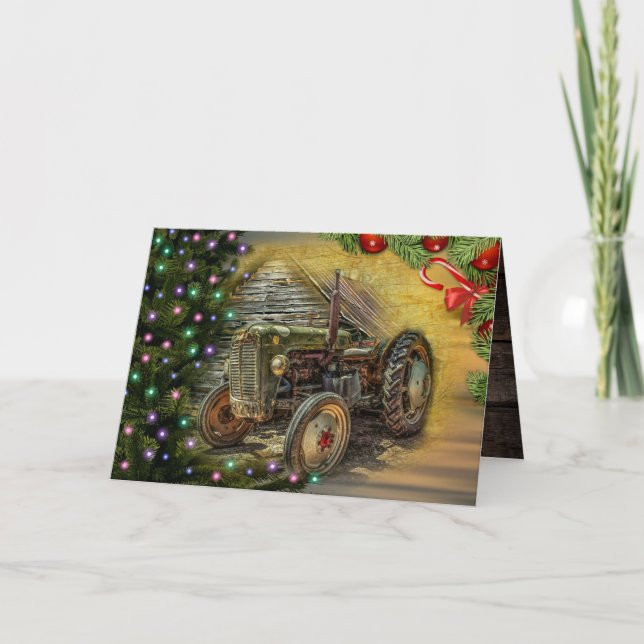 Christmas Farm Tractor With Christmas Tree Holiday Card (Front)