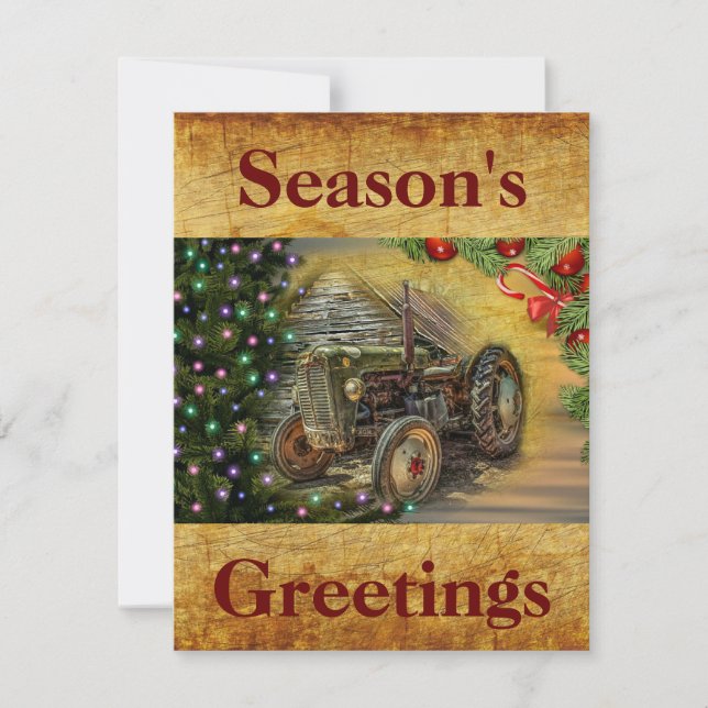 Christmas Farm Tractor With Christmas Tree Holiday Card (Front)