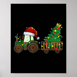 Christmas Farm Tractor Xmas Tree Lights Santa Hat Poster