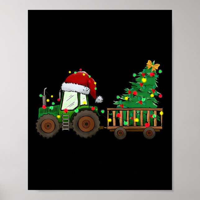 Christmas Farm Tractor Xmas Tree Lights Santa Hat  Poster (Front)
