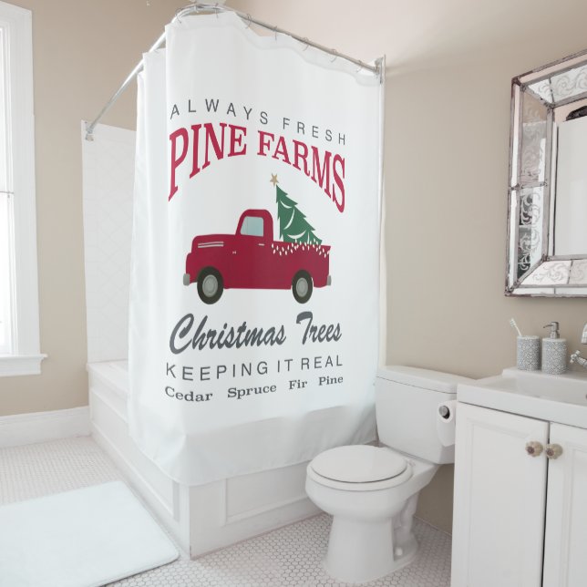 CHRISTMAS FARMHOUSE RED TRUCK SHOWER CURTAIN (In Situ)