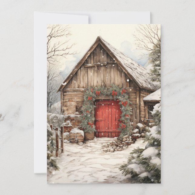 Christmas Farmhouse with Horse Stables Flat Card (Front)