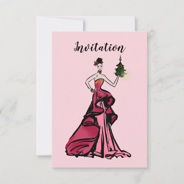 Christmas Fashion Illustration with tree Invitation (Front)