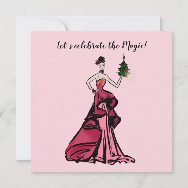 Christmas Fashion Illustration with tree Invitation (Front)