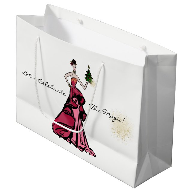 Christmas Fashion Illustration with tree Large Gift Bag (Front Angled)