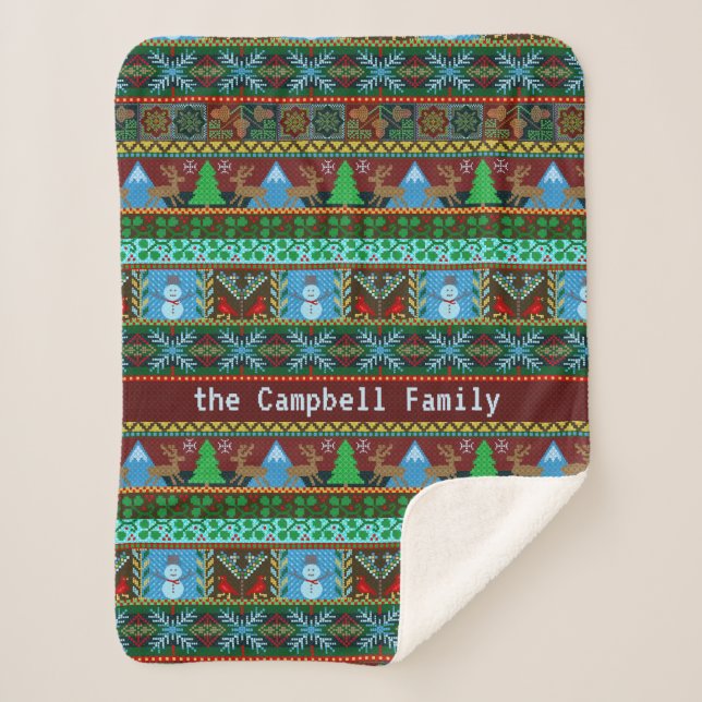 Christmas Faux Knit Snowmen Reindeer | Family Name Sherpa Blanket (Front)