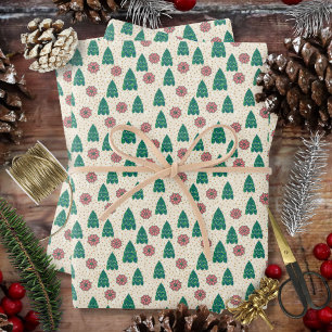 Christmas Faux Patchwork Trees and Poinsettias Wrapping Paper Sheet