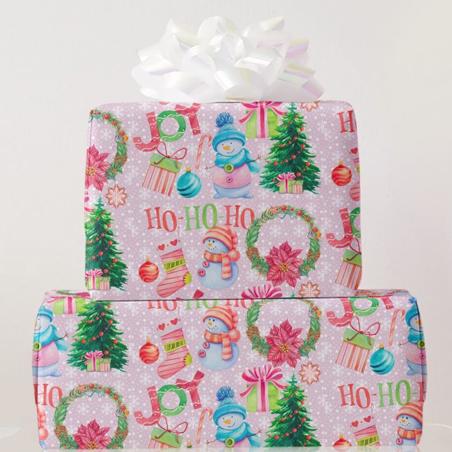 Christmas Favourites Pink Snowman Watercolor Wrapping Paper (Creator Uploaded)
