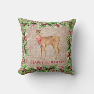 Christmas Fawn In Holly Leaves And Berry Frame Cushion