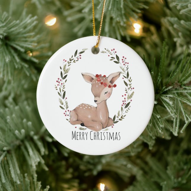 Christmas Fawn Wreath Ceramic Tree Decoration (Tree)