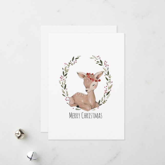 Christmas Fawn Wreath Holiday Card (Front/Back In Situ)