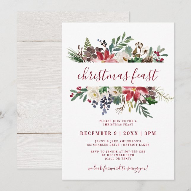 Christmas Feast Watercolor Burgundy & Navy Floral Invitation (Front/Back)