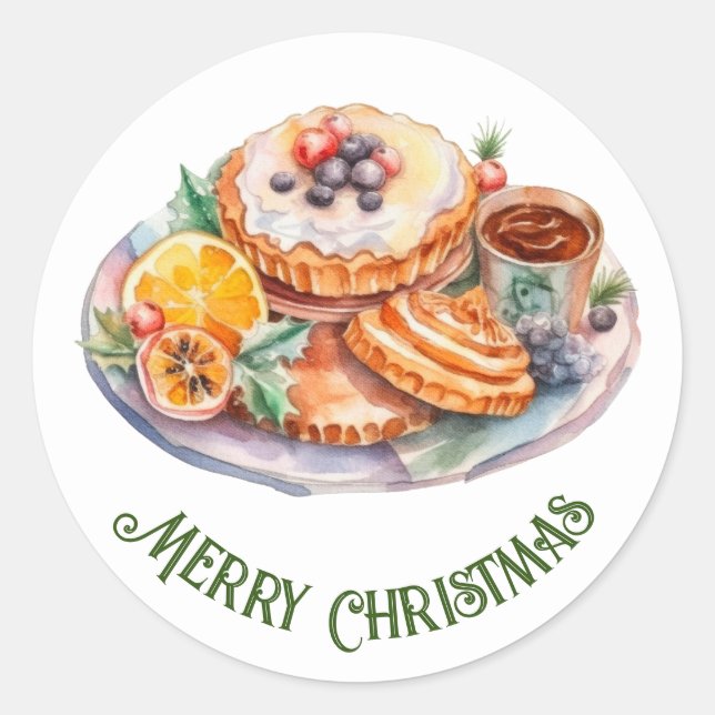 Christmas Feast Watercolor  Classic Round Sticker (Front)