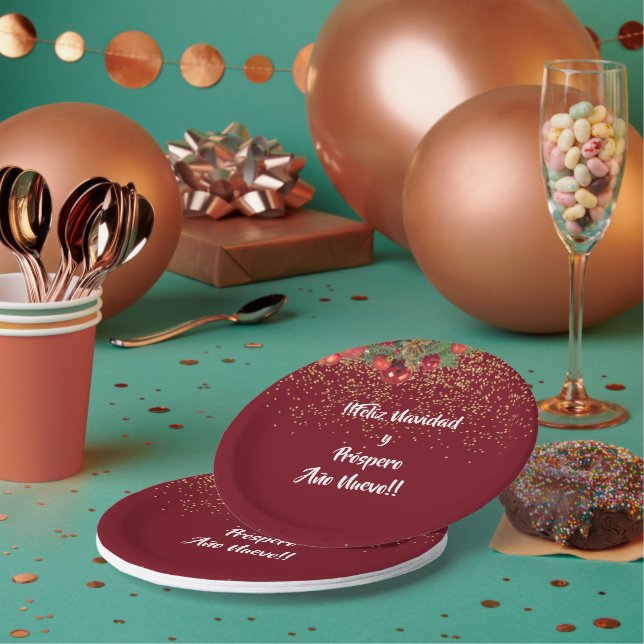 Christmas Feliz Navidad Burgandy Glitter  Paper Plate (Multi)