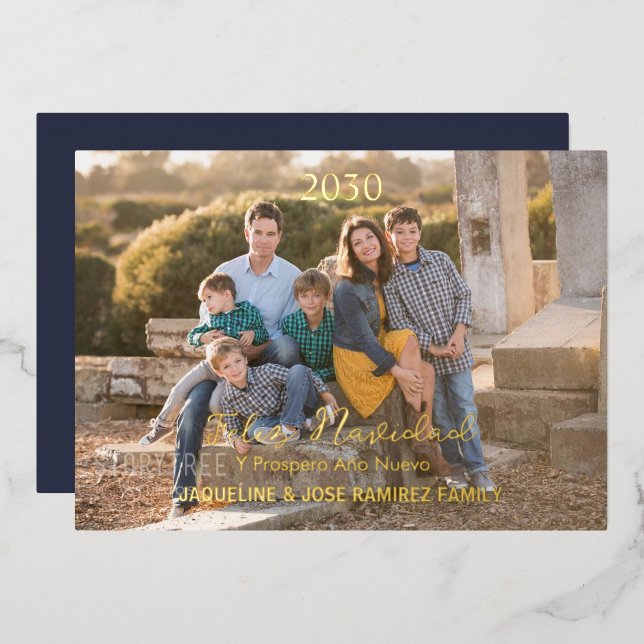 Christmas Feliz Navidad Spanish Family Photo Gold  Foil Holiday Card (Front/Back)