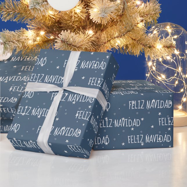 Christmas FELIZ NAVIDAD Text On Stars  Wrapping Paper (Holidays)
