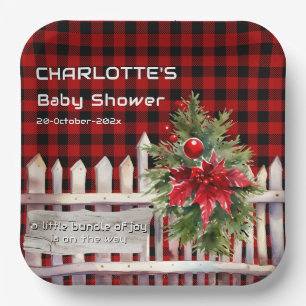 Christmas Fence Buffalo Plaid Baby Shower Paper Plate