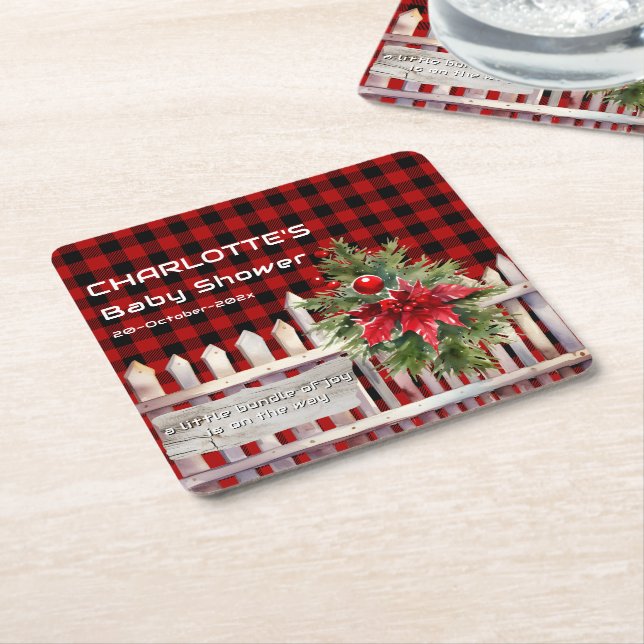 Christmas Fence Buffalo Plaid Baby Shower Square Paper Coaster (Angled)