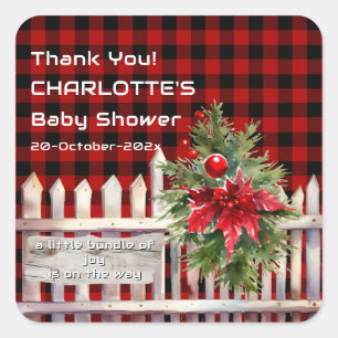 Christmas Fence Buffalo Plaid Baby Shower Square Sticker