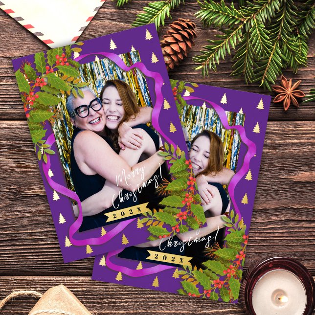 Christmas Festival Ribbon Photo Purple Foil Holiday Postcard (Christmas Festival Ribbon Photo Purple Foil Holiday Postcard)