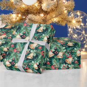 Christmas Festive Bells and Holly Wrapping Paper