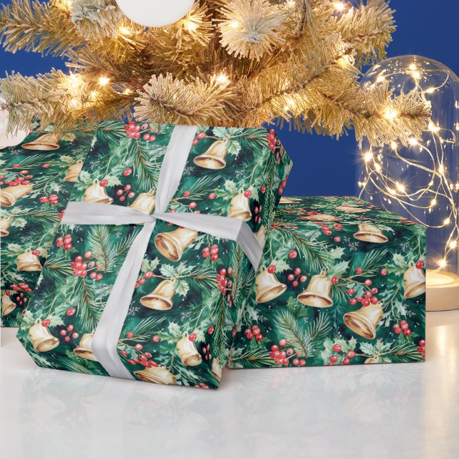 Christmas Festive Bells and Holly Wrapping Paper (Holidays)