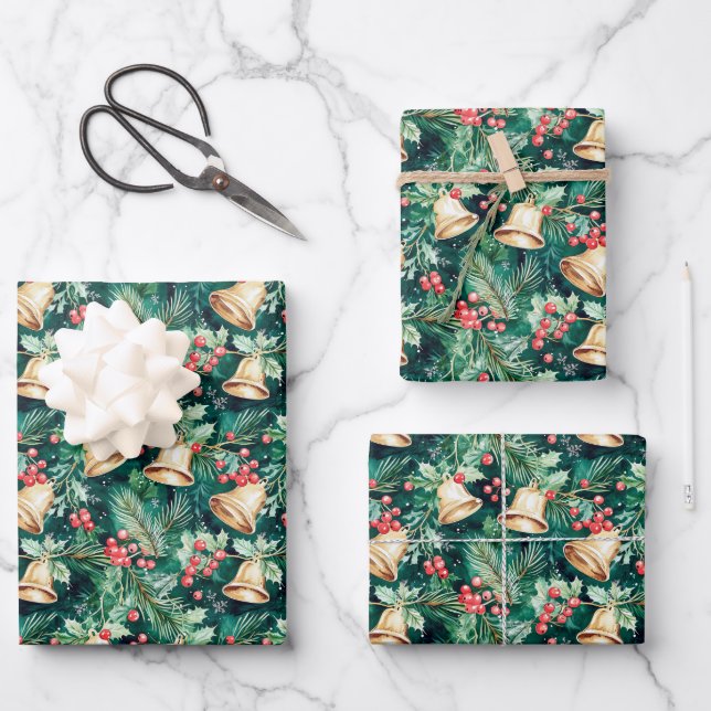 Christmas Festive Bells and Holly Wrapping Paper Sheet (Front)