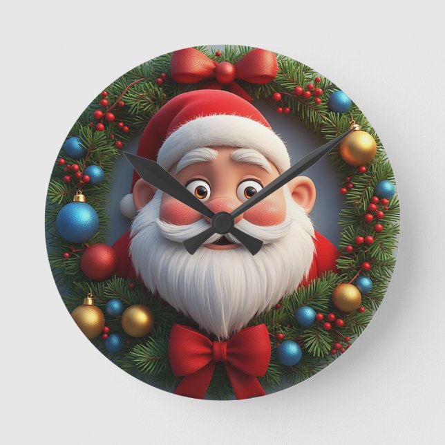 Christmas Festive Cartoon Santa Claus Round Clock (Front)