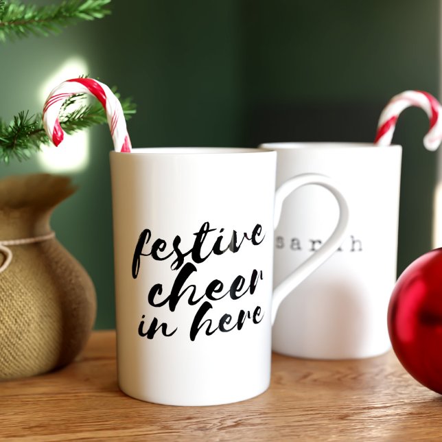 Christmas Festive Cheer in Here Personalised  Bone China Mug (Festive Cheer in Here! Suitable for all your favorite winter drinks. Makes a lovely Christmas Gift!)